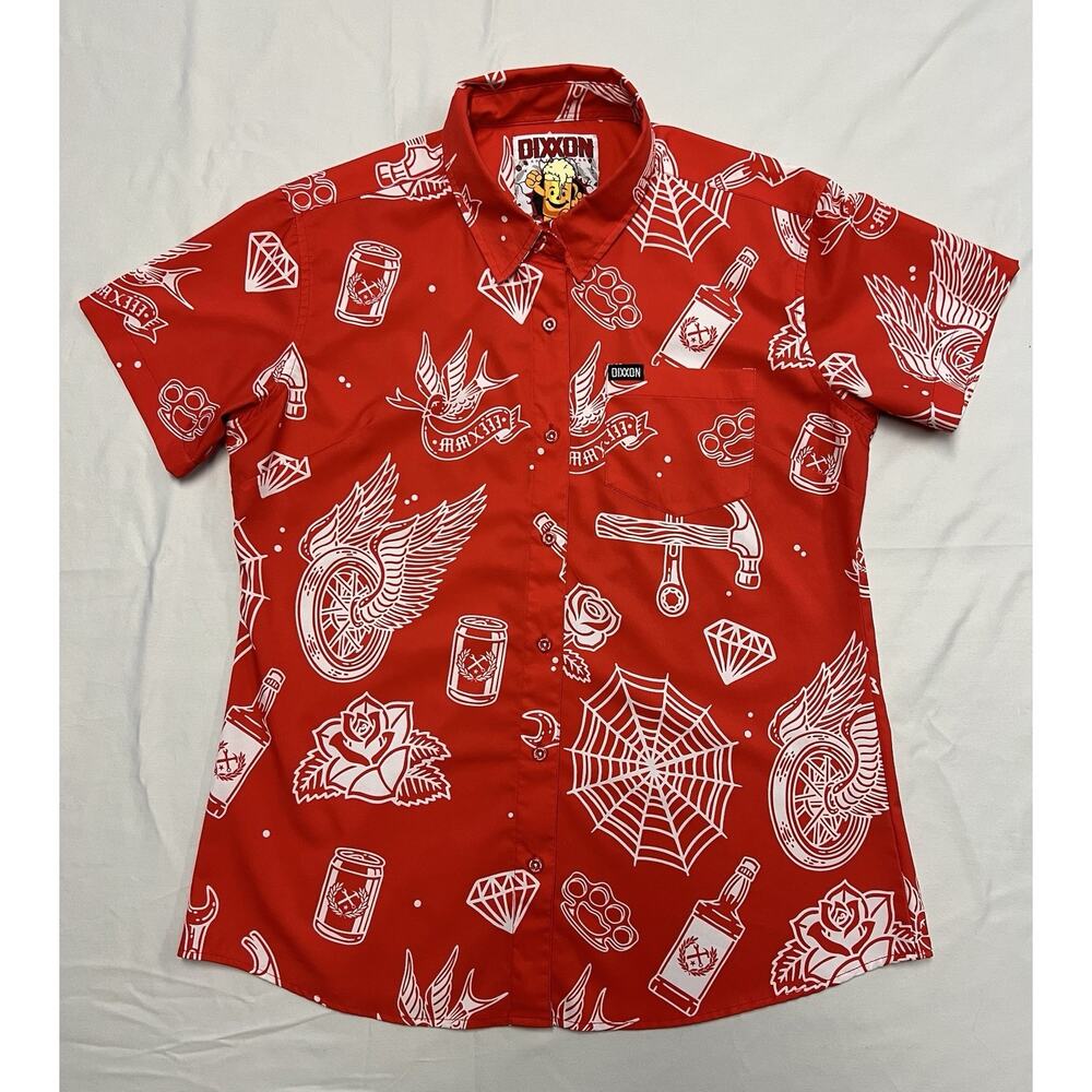 DIXXON Red Short-Sleeve Button-Down with White Graphic Motifs